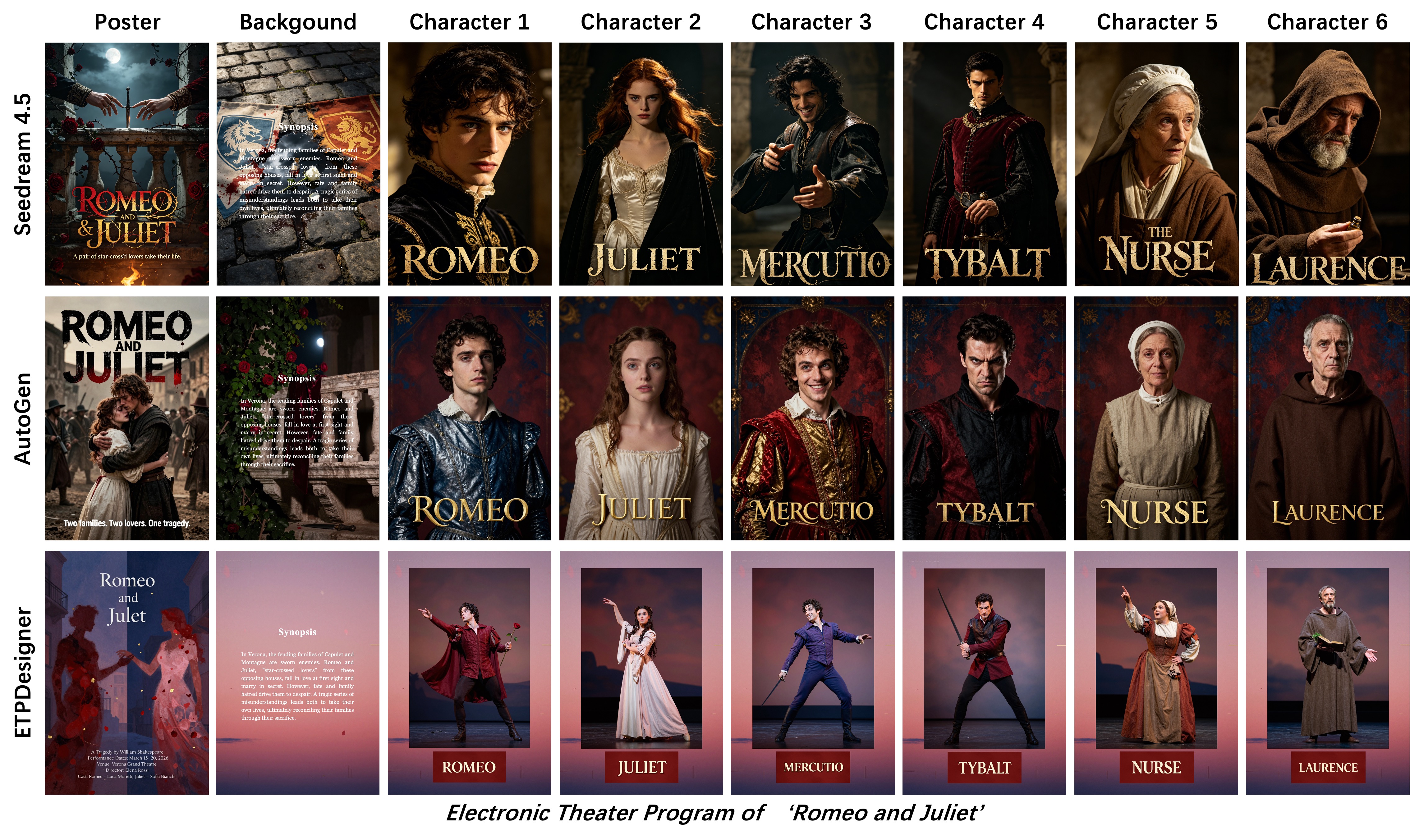 Generated Romeo and Juliet poster, background, and six character pages compared with two baselines