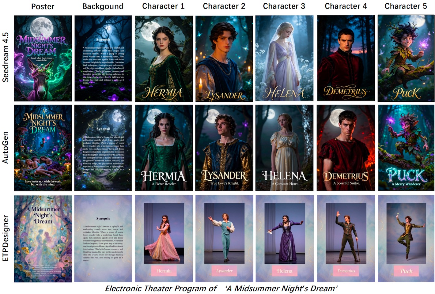 Generated A Midsummer Night's Dream poster, background, and five character pages compared with two baselines